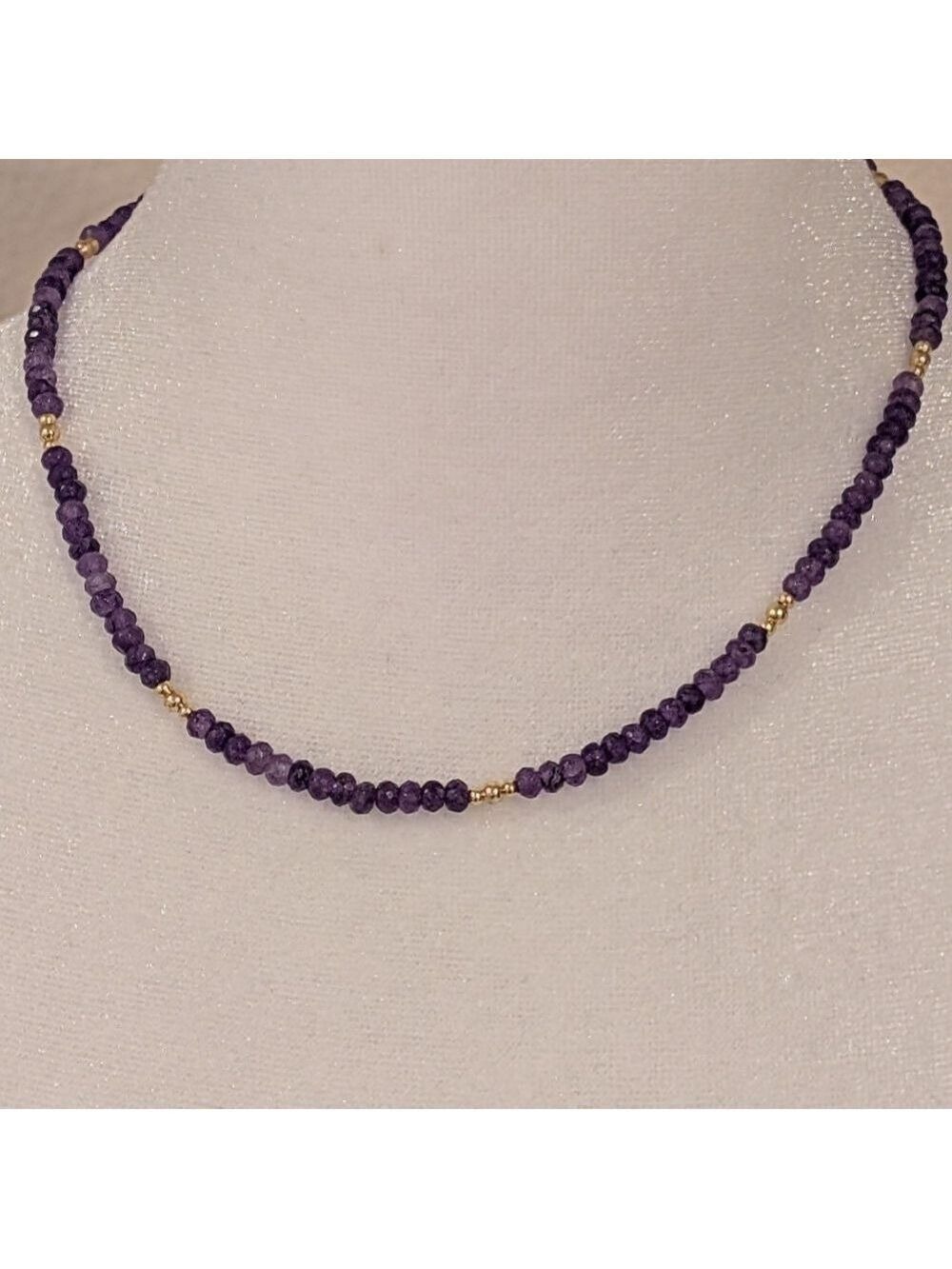 Amethyst Beaded Necklace Choker with Gold Accents , French Design,HandMade ,New